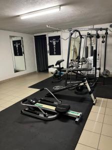 les bois de ravel chambres d'hôtes في Ravel: صالة ألعاب رياضية مع العديد من أجهزةالجري ودراجات ممارسة الرياضة