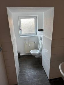 ein kleines Bad mit einem WC und einem Fenster in der Unterkunft zentrumsnahes Monteurszimmer in Erfurt