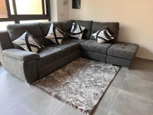 Sofá marrón en la sala de estar con alfombra en Urban charme loft, en Dorgali