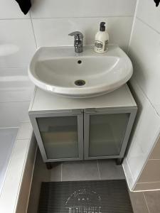 baño con lavabo blanco en la encimera en Zentral Hochparterre garten, en Wuppertal