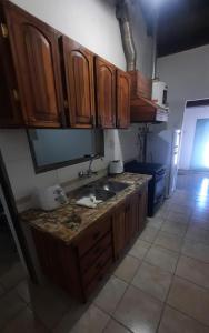 uma cozinha com um lavatório e armários de madeira em Eduardo em Malargüe
