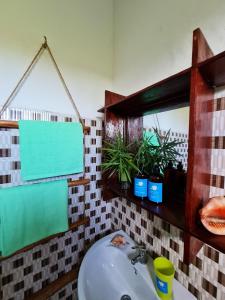 ein Bad mit einem Waschbecken und einem Spiegel in der Unterkunft Frangipani House Nungwi Zanzibar in Nungwi
