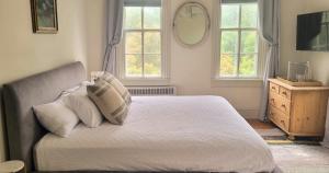 a bedroom with a bed with pillows and a mirror at Pinetown Bridge Bnb LLC 