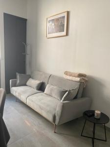 sala de estar con sofá y mesa en Le Merrain gîte plein coeur de Chablis, en Chablis