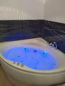 uma banheira com água azul na casa de banho em T2 balnéothérapie, jardin, parking, tram, boulodrome em Blagnac