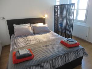 ein Schlafzimmer mit einem Bett mit zwei Handtüchern darauf in der Unterkunft Au Quai Des Pecheurs in Straßburg