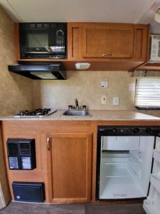 una pequeña cocina con fregadero y microondas en Moceanset Getaways - Ocean, Mountain & Sunset Views - Cozy Accommodations, en Dingwall