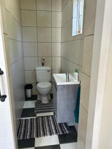 a small bathroom with a toilet and a sink at Green Cottage in Haenertsburg
