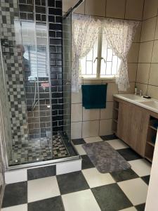 a bathroom with a shower and a sink at Green Cottage in Haenertsburg