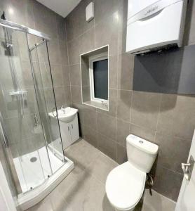 ein Bad mit einem WC, einer Dusche und einem Waschbecken in der Unterkunft Ground Flr 3-bed flat near Norbury Station in Norbury