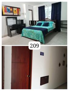 two pictures of a bedroom with a bed and a door at HIDALGO HOTEL in Palmira