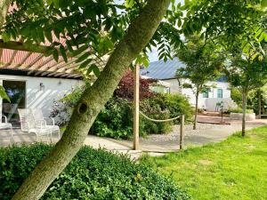 a tree with a hammock in a yard at Villa Verde Österlen in Glemminge +66 photos