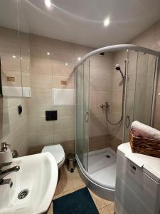 a bathroom with a shower and a toilet and a sink at Gdańsk Sea Apartment by YOCA in Gdańsk +9 photos