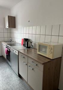 uma cozinha com um balcão com um micro-ondas e um lavatório em F&M Wohnungen in Olpe em Olpe
