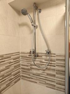 La salle de bains est pourvue d'une douche avec un pommeau de douche. dans l'établissement Hostdomus - City Center Apartment, à Sestrières