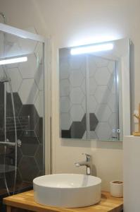uma casa de banho com um lavatório e um chuveiro em La villa aux oiseaux em Andernos-les-Bains