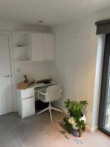 an office with a desk and a chair and a plant at Cosy bedroom in Luxury apartment in London