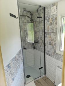 y baño con ducha y puerta de cristal. en Agroturystyka u Kozdryka en Leśna