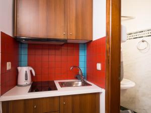 una pequeña cocina con fregadero y azulejos rojos en Xenon Apartments, en La Canea