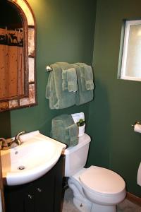 La salle de bains est pourvue d'un lavabo, de toilettes et d'un miroir. dans l'établissement Triple R Cottages- 6 cabin, à Estes Park