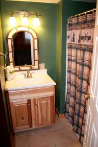 a bathroom with a sink and a mirror and a shower at Timber Creek Chalets- 10A chalet in Estes Park