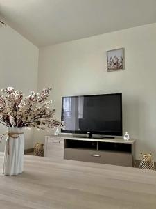 a living room with a television and a vase of flowers at Maison spacieuse de Lila avec 3 places de parkings in Crèvecoeur-le-Grand