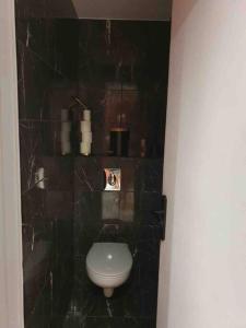 ein Bad mit einem WC und einer schwarz gefliesten Wand in der Unterkunft Sarah B in Marseille