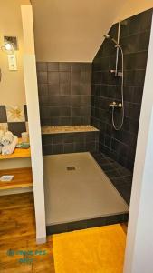 a bathroom with a shower with black tiles at Appartement La Roche-Bernard - Plein centre - 50m² in La Roche-Bernard