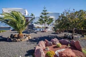 a garden in front of a building with trees and rocks at Apartamento Los 4 Nobles in Tinajo