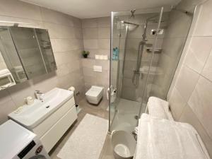 a bathroom with a shower and a sink and a toilet at Apartments Flora 1 in Rab