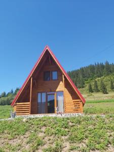 uma cabana de madeira com um telhado vermelho num campo em Cazare La Nea Marin A Frame em Ciobotani