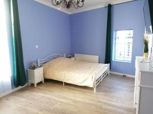 una camera da letto con un letto con pareti blu e una finestra di Suite Bubbles Spa - Luxe - Centre Ville - calme - wifi a Troyes