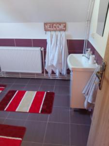 ein Badezimmer mit einem Waschbecken, einem WC und einem weißen Waschbecken in der Unterkunft Cazare La Nea Marin A Frame in Ciobotani