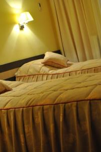 two beds in a bedroom with a lamp on the wall at Hotel Dana in Amara
