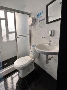 a bathroom with a toilet and a sink at Hotel HILLS BOGOTA in Bogotá