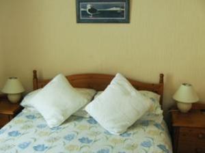 a bedroom with a bed with two pillows and two lamps at The Caraneal in Plymouth