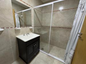 uma casa de banho com um lavatório e um chuveiro em Departamento de un dormitorio para dos personas a estrenar 50 m2 em La Plata