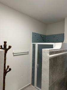 La salle de bains est pourvue d'une douche avec une porte en verre. dans l'établissement Bebelines inn dos, à San Miguel de Allende