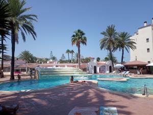 a large swimming pool with palm trees in a resort at Apartamento Parchís con piscina in Denia
