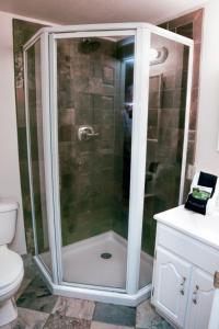 W łazience znajduje się prysznic ze szklanymi drzwiami. w obiekcie Fawn Valley Inn- 103 condo w mieście Estes Park