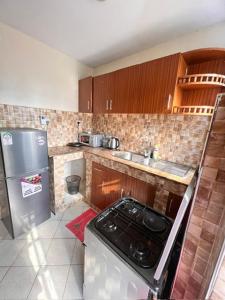 a small kitchen with a stove and a refrigerator at J'Melot Adobas Apartment in Kisumu