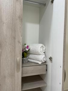 a pile of towels sitting on a shelf in a bathroom at Alka's Paradise Guest House and Lodging in San Andrés