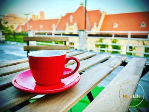 NICE LIFE - Luxury apartment in the Old Town. في براتيسلافا: كوب قهوة احمر على صحن احمر على طاولة خشبية