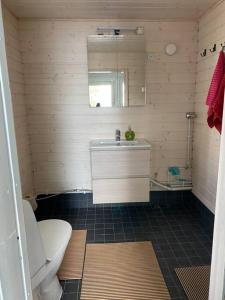 a bathroom with a toilet and a sink and a mirror at Villa Salajärvi in Heinola