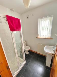 y baño con ducha, aseo y lavamanos. en Quiet Farm Bungalow Enniskillen Fermanagh en Enniskillen