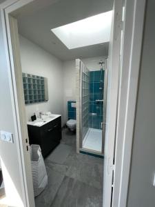 y baño con ducha, lavabo y aseo. en Apartment 3 confort&modern en Arad
