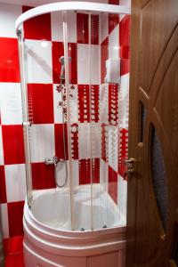 a glass shower in a bathroom with red and white tiles at Relaxveld Galaxy in Curtea de Argeş