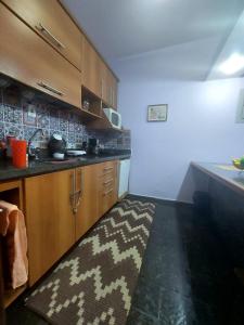 a kitchen with wooden cabinets and a rug on the floor at Flat Palladium in São Vicente