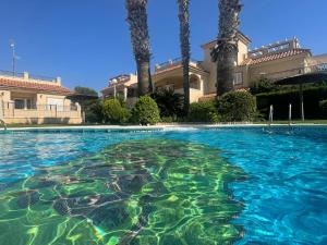una piscina frente a una casa con palmeras en Apartment / Penthouse Mil Palmeras, en Pilar de la Horadada