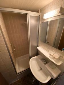 a bathroom with a sink and a shower at Altes Tor in Filsen